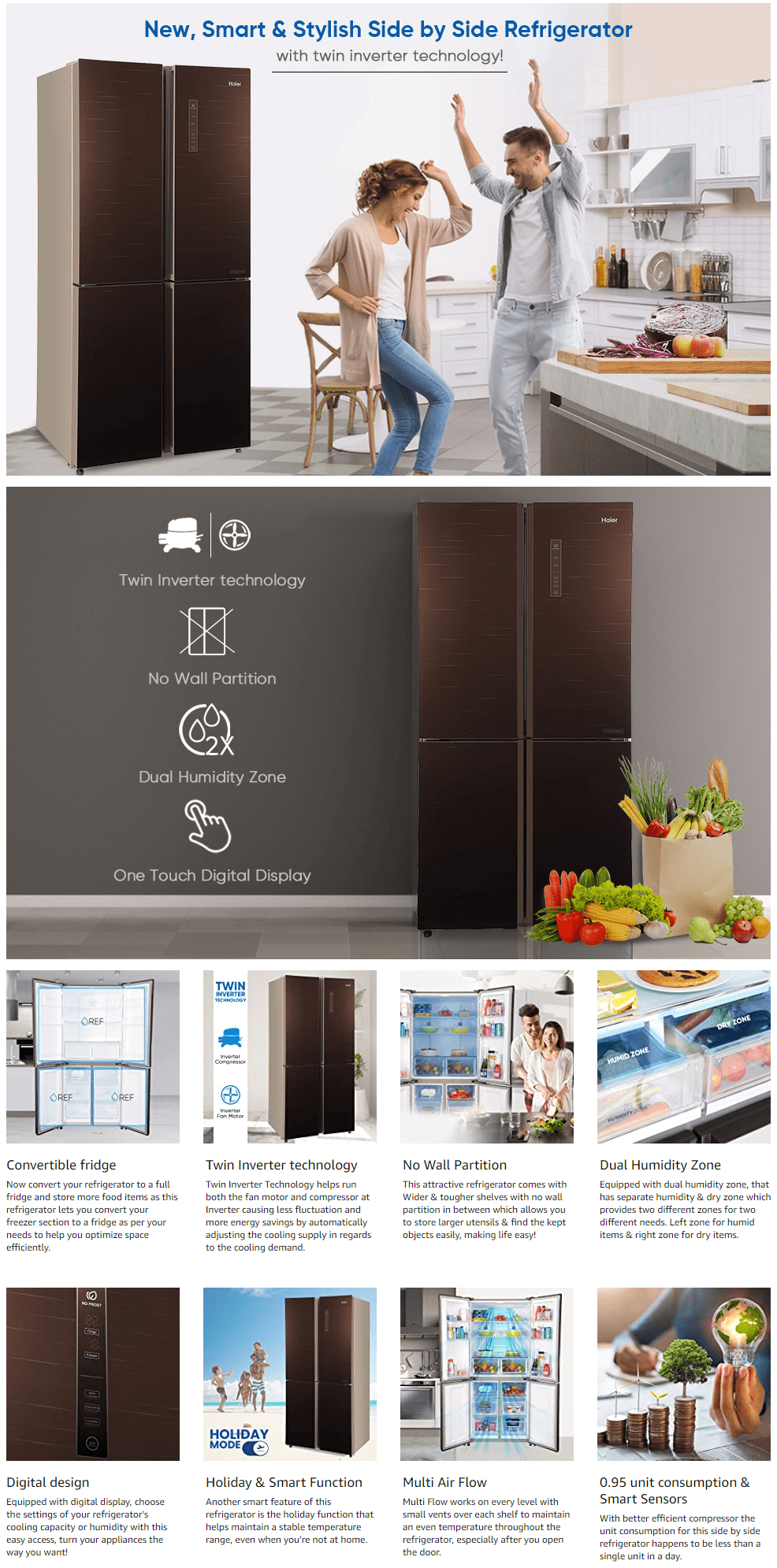 Haier 531 L Inverter Frost-Free Side-by-Side Refrigerator (HRB-550CG, Chocolate, Convertible)