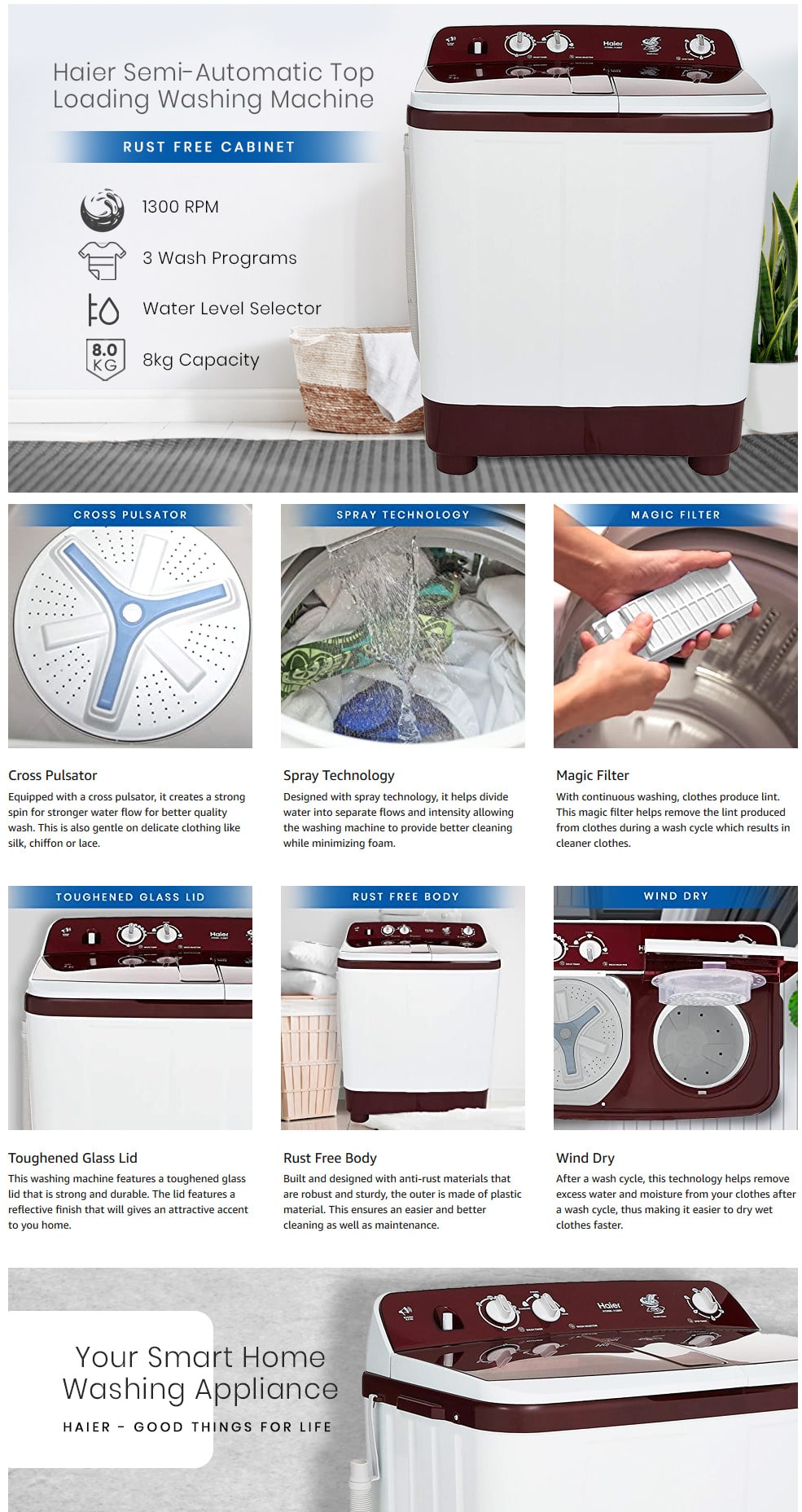 Haier 8 kg Semi-Automatic Top Loading Washing Machine (HTW80-1128BT, Burgundy) Amazon in Home Kitchen-min